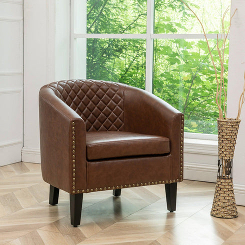 Logan Faux Leather Tufted Club Chair - Brown Accent Chair | Decorative Accent Chairs | Kinwell Furniture | Modern Accent Chairs